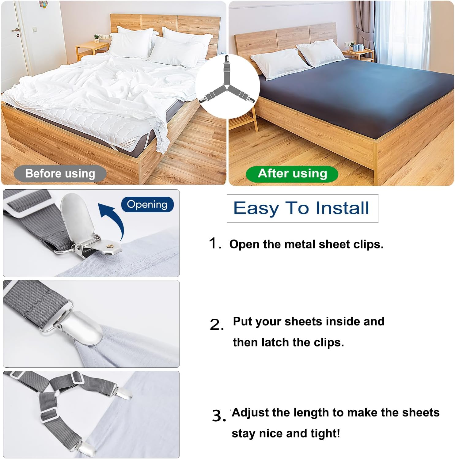 Bed Sheet Straps, Easy to Install Sheet Straps, Fitted Sheet Clips, Adjustable Sheet Fasteners (Gray-4 Pcs)