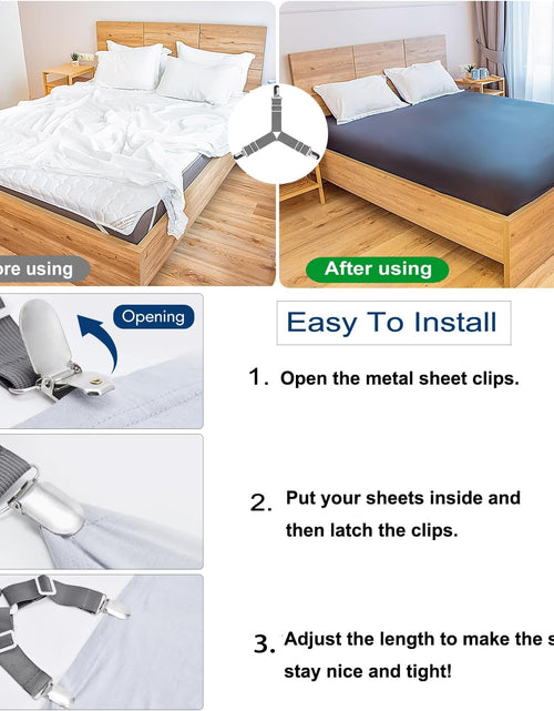 Load image into Gallery viewer, Bed Sheet Straps, Easy to Install Sheet Straps, Fitted Sheet Clips, Adjustable Sheet Fasteners (Gray-4 Pcs)
