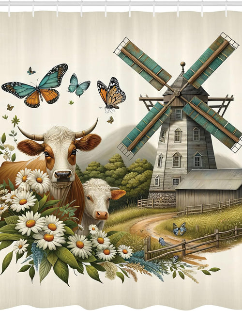 Load image into Gallery viewer, Farmhouse Shower Curtain, Windmill Barn Cottage Cows Butterflies and Daisies Countryside View,  69" W x 70" L, Green Turquoise Cinnamon
