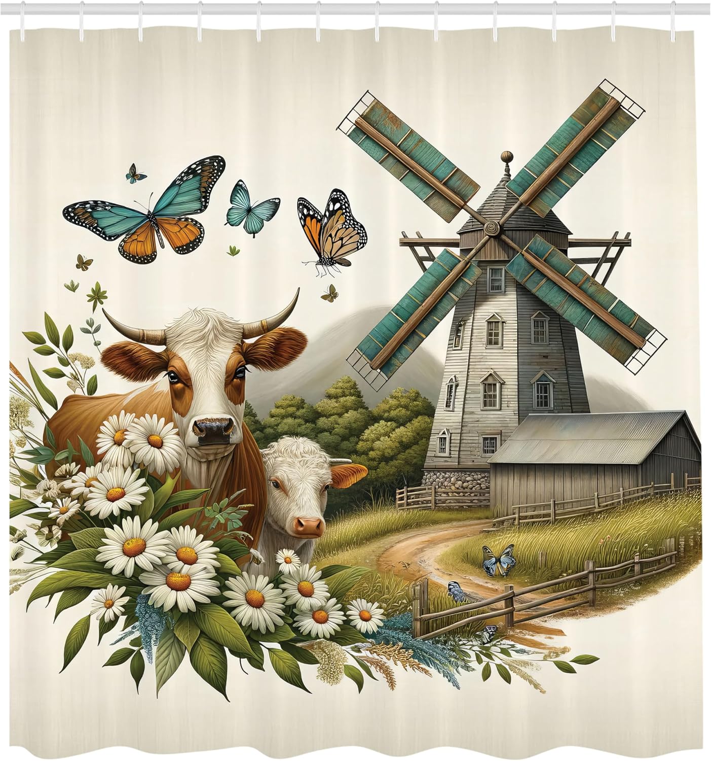 Farmhouse Shower Curtain, Windmill Barn Cottage Cows Butterflies and Daisies Countryside View,  69" W x 70" L, Green Turquoise Cinnamon