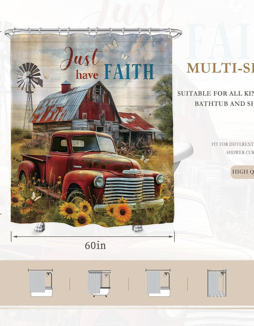 Load image into Gallery viewer, Rustic Farmhouse Shower Curtain 60Wx72L Inches Retro Red Truck Positive Quote Vintage Sunflowers
