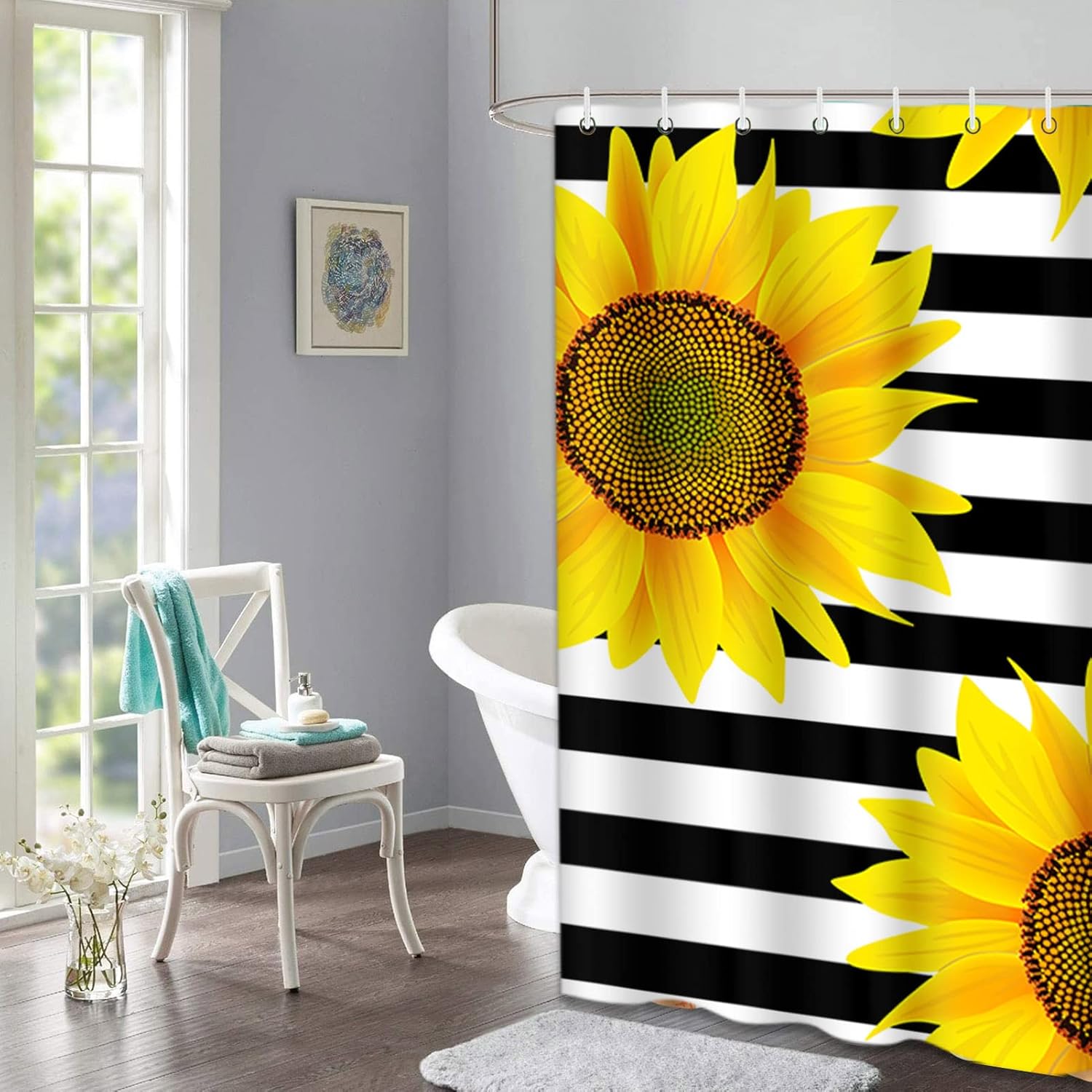Shower Curtain Waterproof Home Decor Brown Bright Sunflowers Striped Black and White Pattern,66 x 72 inches