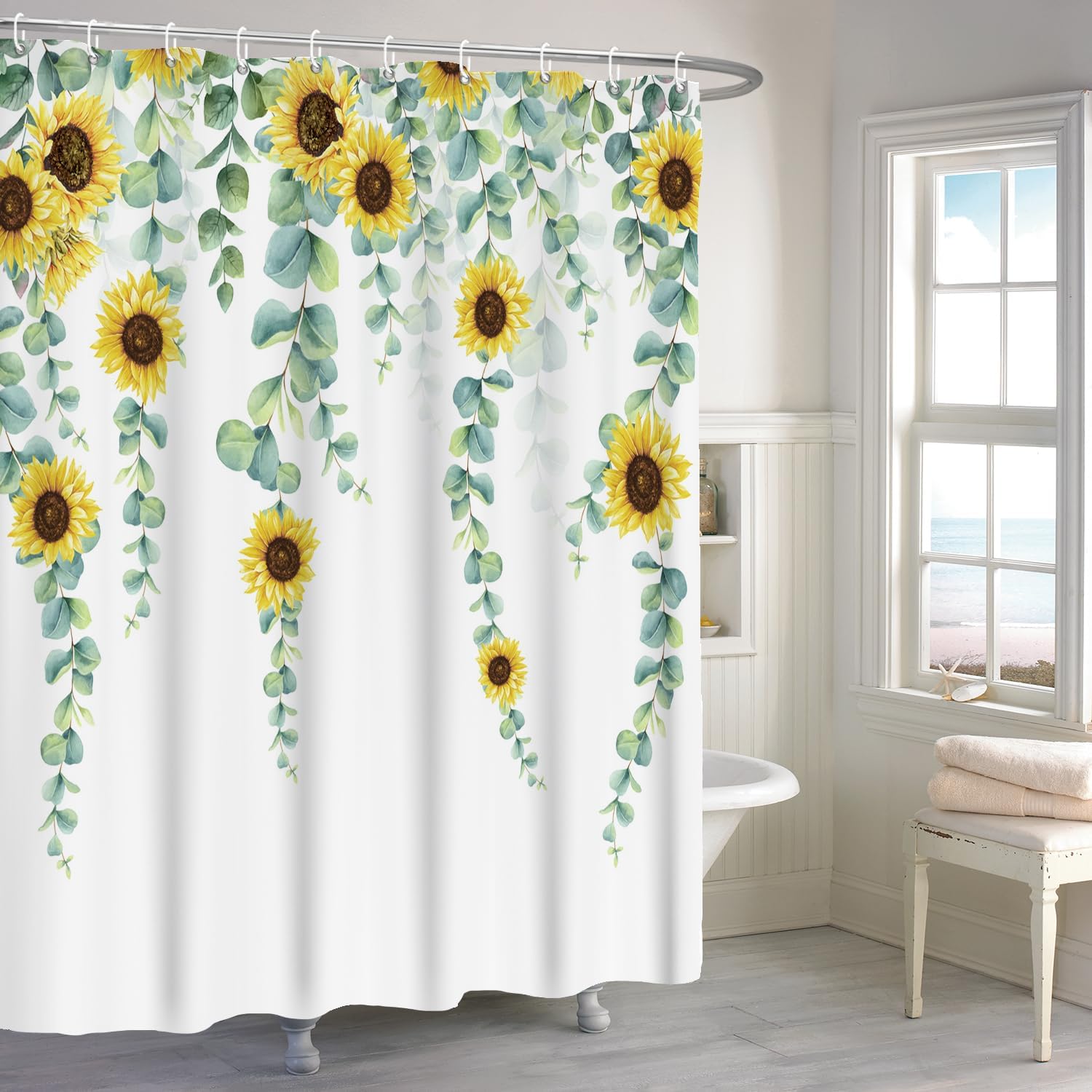 Eucalyptus Sunflower Shower Curtain Sage Green Spring Watercolor Leaves Farmhouse Decor, 72"x72"