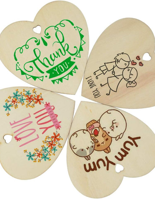 Load image into Gallery viewer, 50 Pieces 3&quot; Natural Heart Wood Slices, DIY Wooden Ornaments Unfinished Predrilled Wooden Heart Embellishments with Natural Twine
