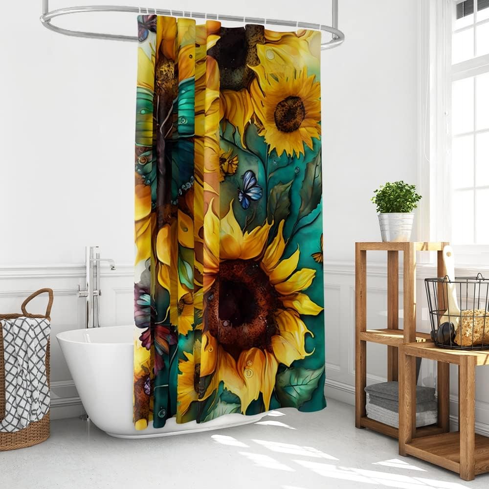Big Yellow Sunflower Shower Curtain with Hooks Summer Waterproof Floral Decorative Bathroom Curtain Set, 72"x72" Seamless