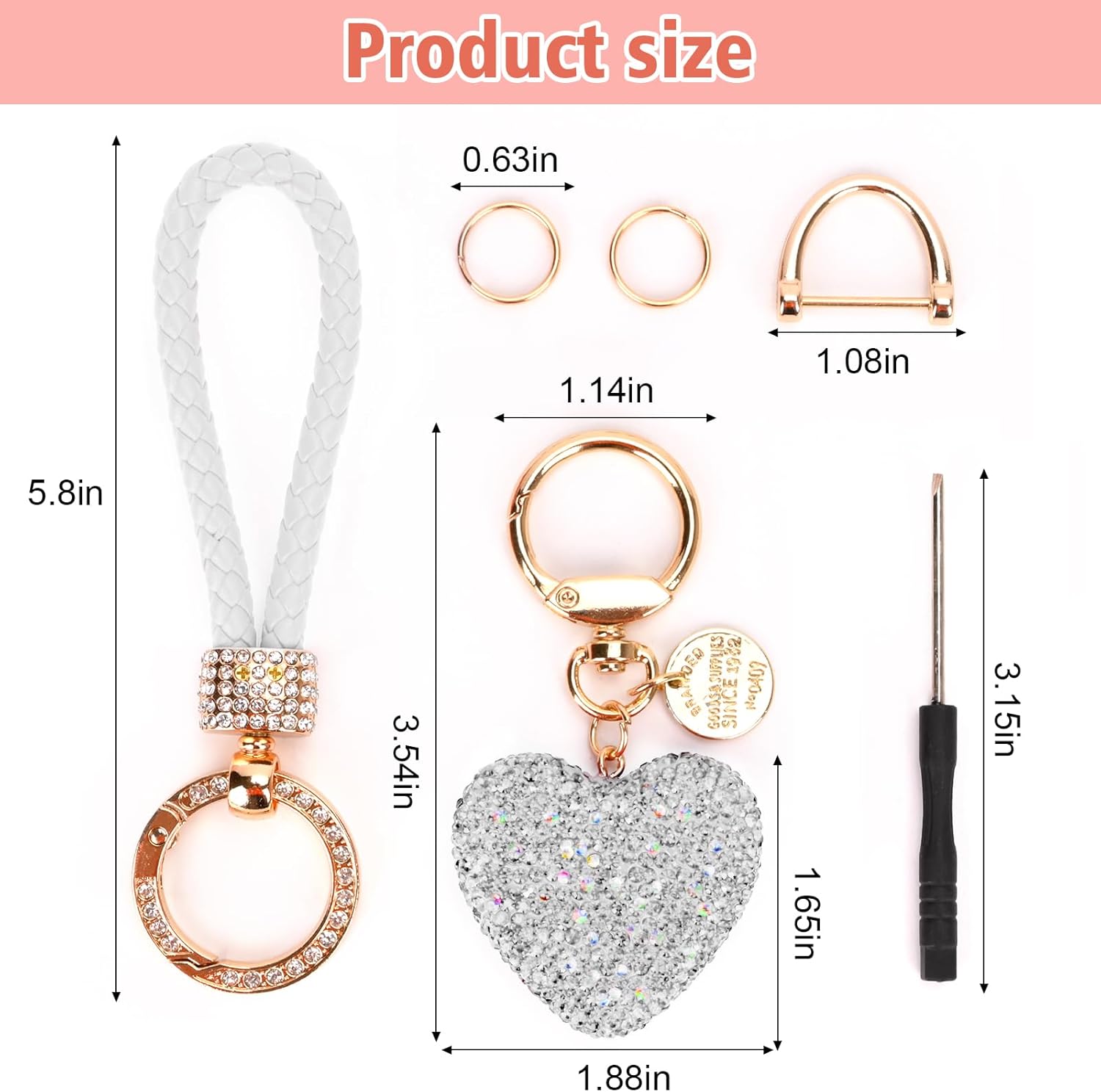 Car Keychain for Women with Rhinestone Heart Shape Bling Girl Cute Keychain, White