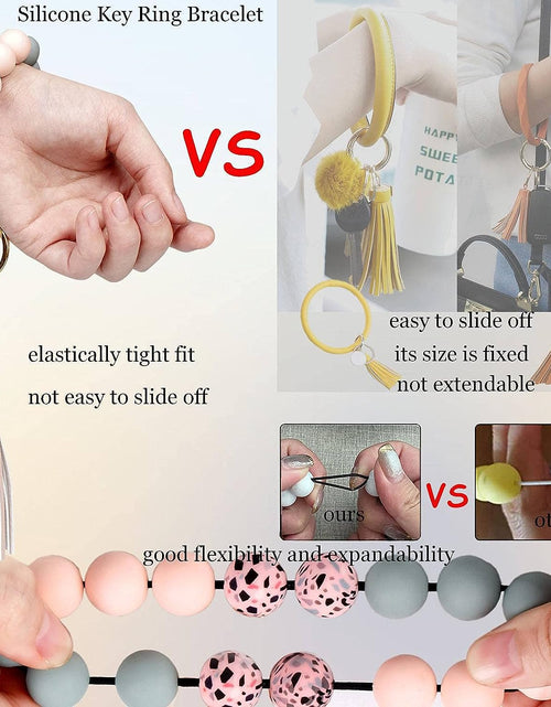 Load image into Gallery viewer, Keychain Bracelet Silicone Key Ring Wristlet with Leather Tassel Wrist Key Ring Bangle Silicone Bead, Light Pink
