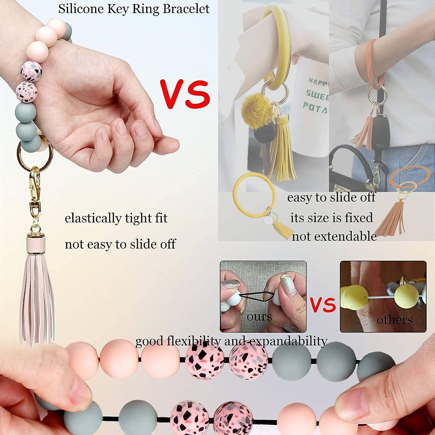 Keychain Bracelet Silicone Key Ring Wristlet with Leather Tassel Wrist Key Ring Bangle Silicone Bead, Light Pink