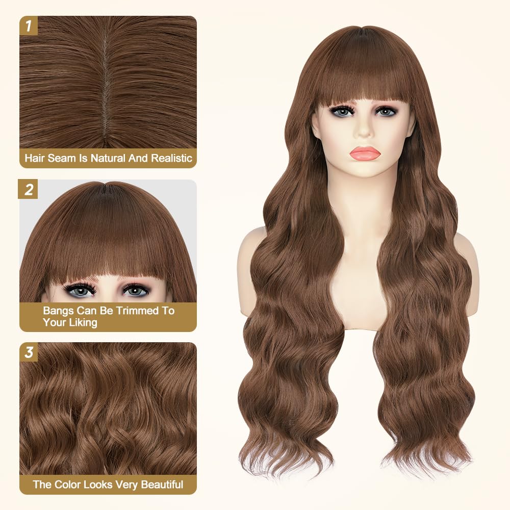 Long Dark Brown Wavy Wear and Go Glueless Wig with Bangs Ombre Brown Glueless Wigs