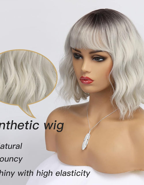 Load image into Gallery viewer, Short White Silver Wigs for Women Ombre Grey Wavy Bob Wig with Bangs Medium Length Synthetic Hair, 12 inches, Ombre Silver
