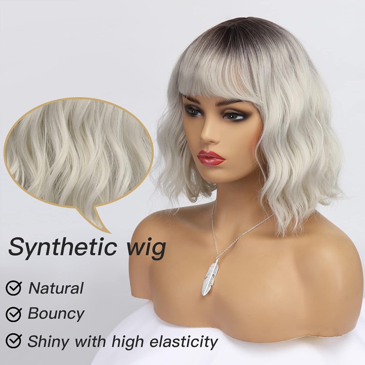 Short White Silver Wigs for Women Ombre Grey Wavy Bob Wig with Bangs Medium Length Synthetic Hair, 12 inches, Ombre Silver