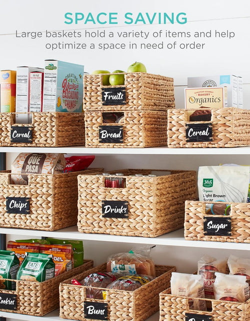 Load image into Gallery viewer, Set of 4 9x12in Water Hyacinth Pantry Baskets, Woven Kitchen Organizers w/Chalkboard Label, Chalk Marker - Natural
