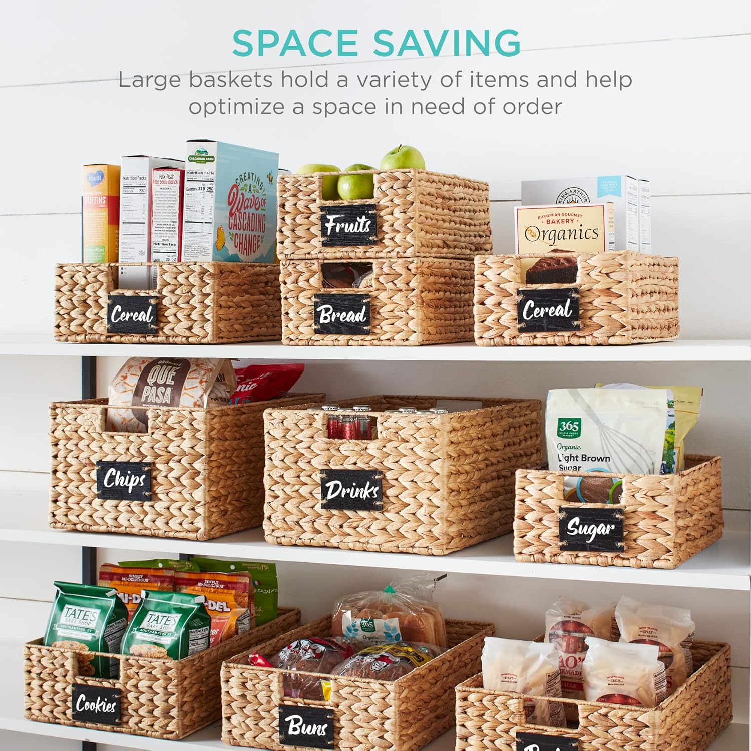 Set of 4 9x12in Water Hyacinth Pantry Baskets, Woven Kitchen Organizers w/Chalkboard Label, Chalk Marker - Natural