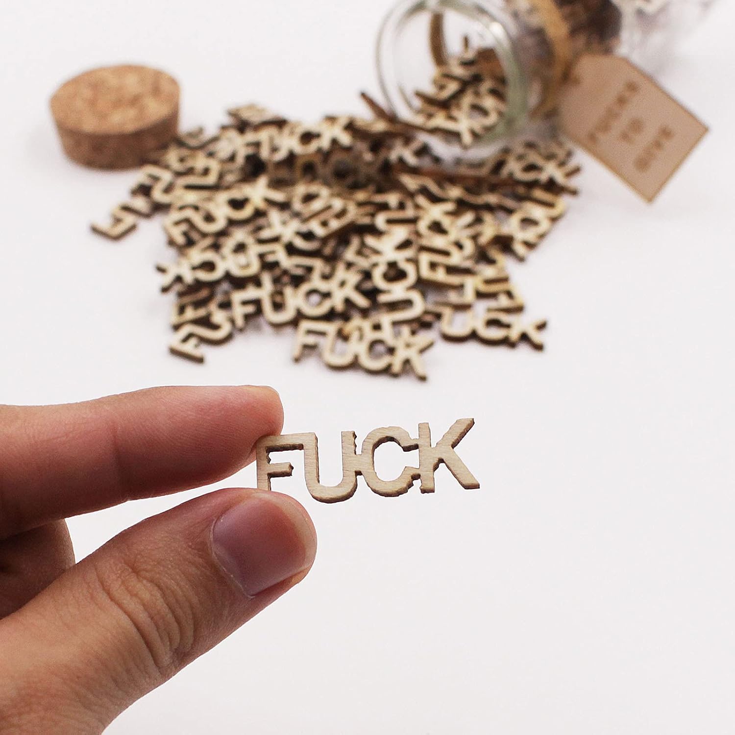 Jar of Fucks (5oz) - Gift Jar, Wooden Cutout Letter Piece, Bad Mood Vent, Spoof Birthday, Holiday Gift to Friend - Funny Gift for Valentine's Day