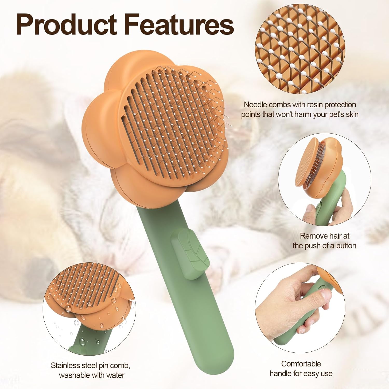 Pet Grooming Brush Cat Deshedding Brush, Self-Cleaning Slicker Cat Brushes ,Orange+Green