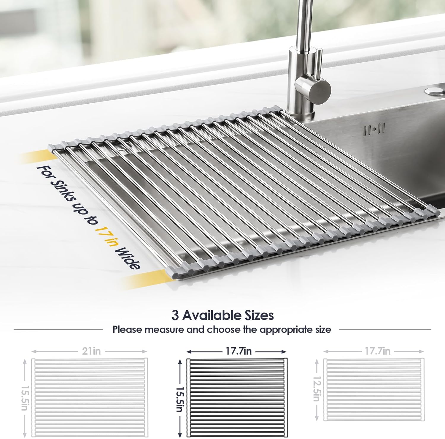 Roll Up Dish Drying Rack Over Sink Drying Rack Sink Cover Kitchen Sink Accessories Gadget, 17.7" x 15.5" , Grey