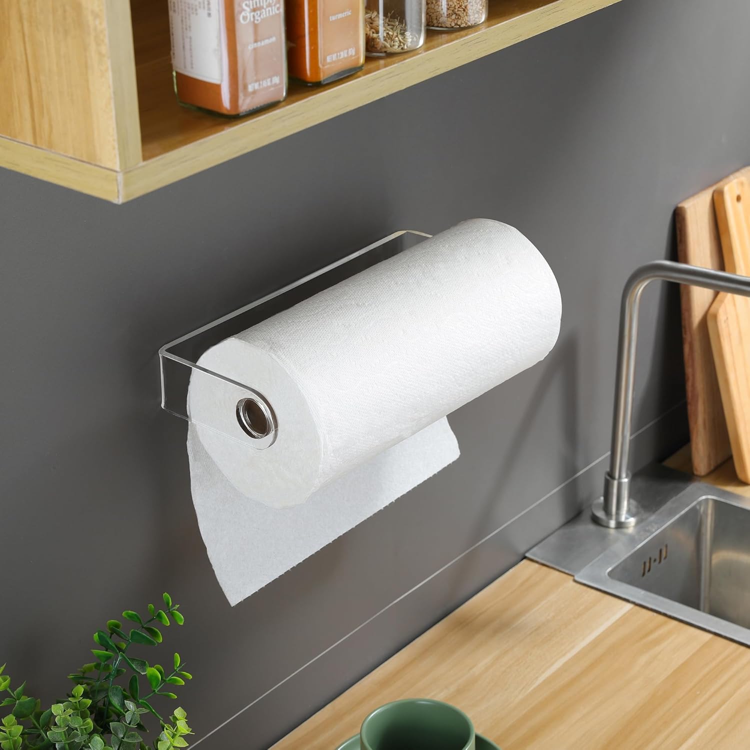 Acrylic Paper Towel Holder - Kitchen Paper Towel Holder Under Cabinet, One Hand Operable, Self Adhesive Paper Towel Rack for Bathroom Organizer