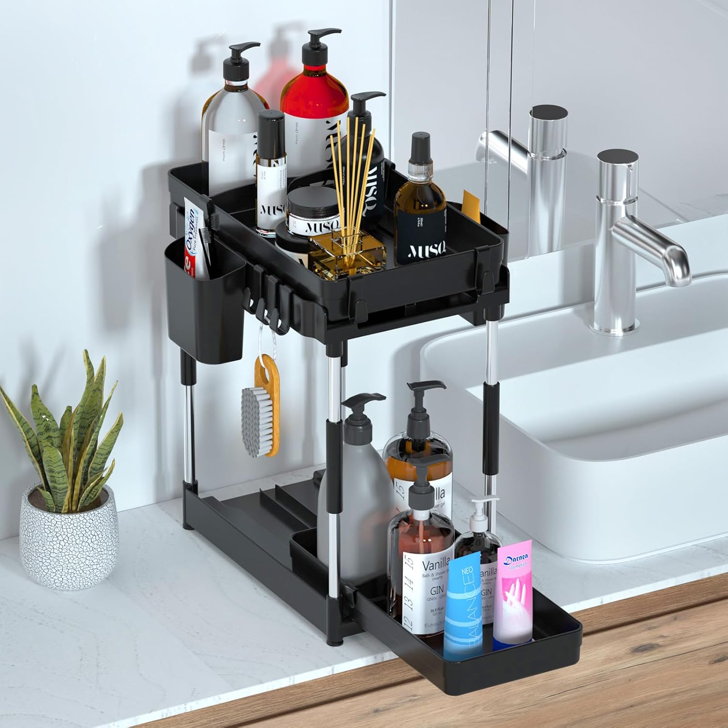 Double Sliding Under Sink Organizers and Storage - Adjustable 2 Tier Pull Out Under Cabinet Organizer, 2 Pack