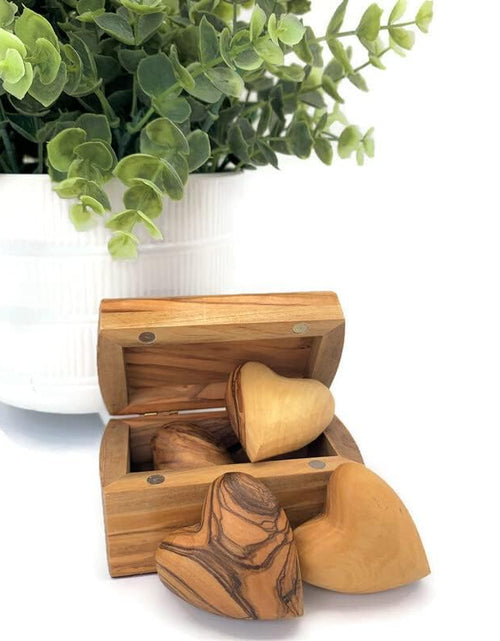 Load image into Gallery viewer, Handmade Wooden Hearts, Set of Five Olive Wood Carved Hearts from the Holy Land,for Wedding, Wood Heart Décor
