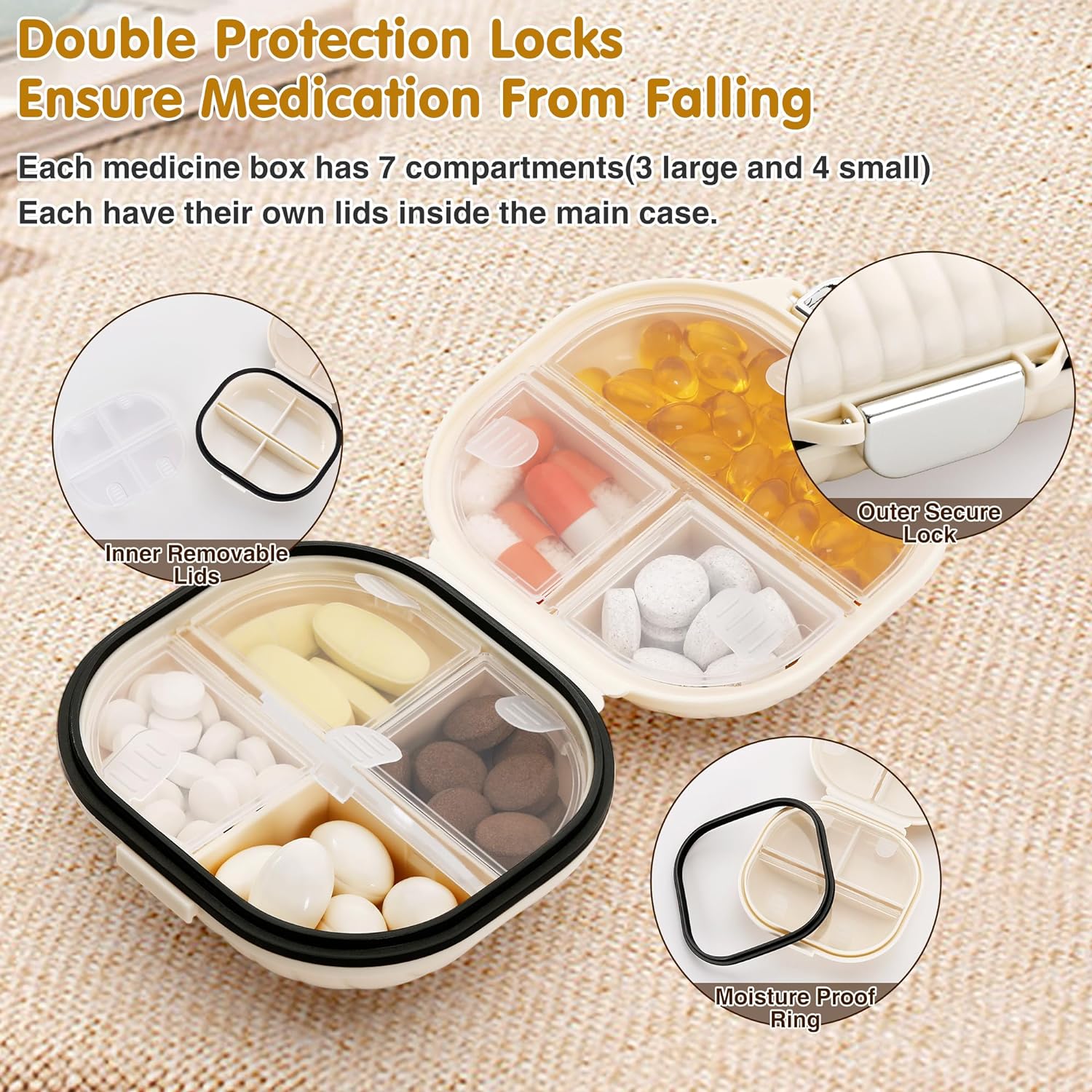 Pill Case Portable Small Weekly Travel Pill Organizer, Cute Moisture Proof Pill Box Holder, Beige/Small