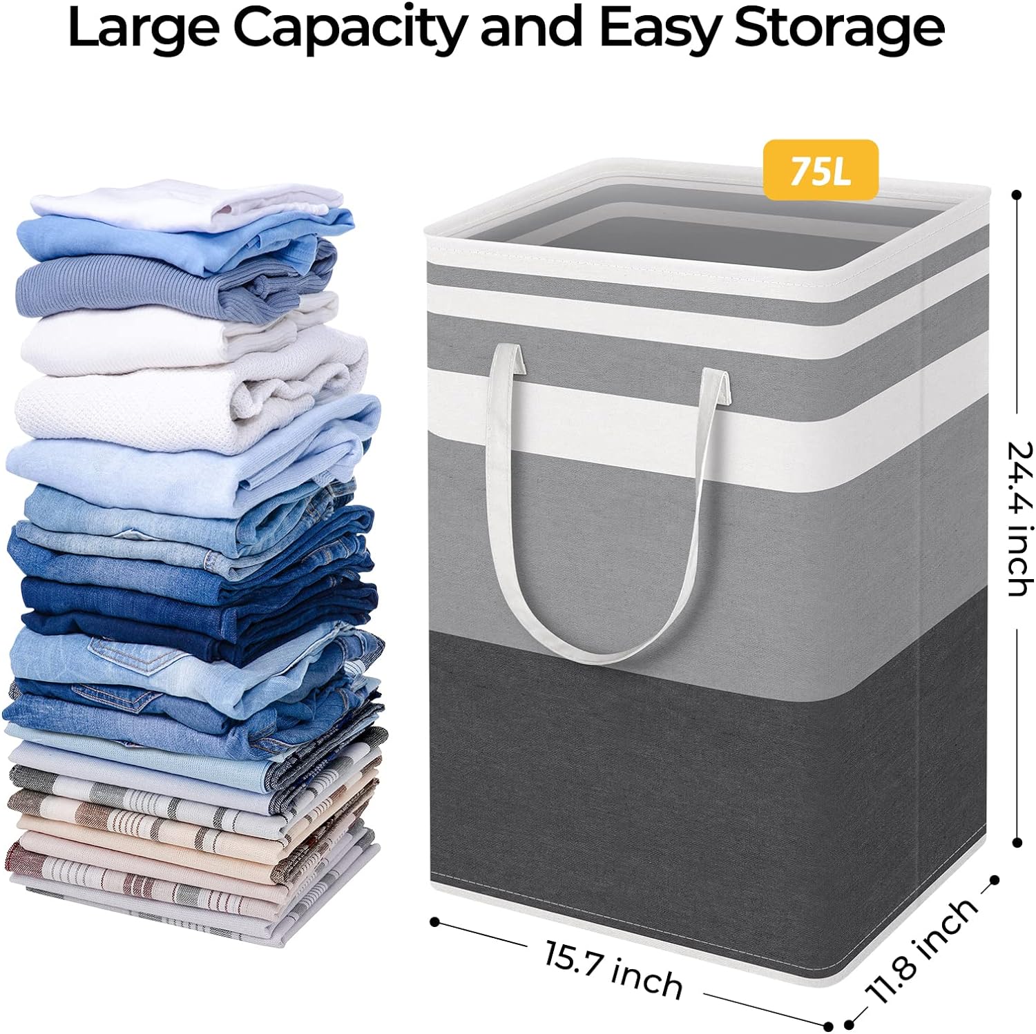 2-Pack Large Laundry Basket, Waterproof, Freestanding Laundry Hamper, Collapsible Tall Clothes Hamper with Extended Handles (Gradient Grey, 75L)