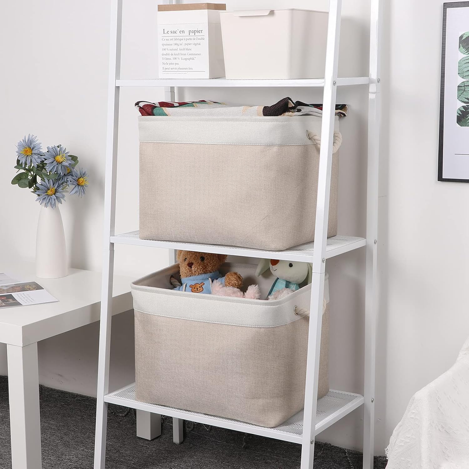 Beige Storage Basket Large Fabric Cloth Baskets [2-Pack] Tall Rectangular Shelf Baskets 16X11.8X11.8 in Canvas Collapsible Storage Bins