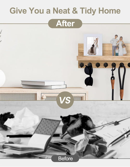 Load image into Gallery viewer, Key Holder Wall Mount, Entryway Key and Mail Holder with 7 Sturdy Hooks with Mounting Hardware, 15”W x 6.7”H x 4.2”D (Wood)
