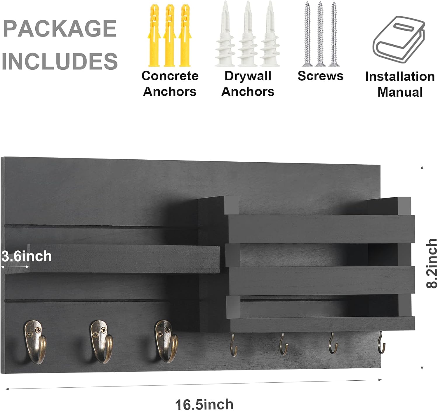 Mail Organizer for Wall Mount – Key Holder with Shelf includes Letter Holder and Hooks with Flush Mounting Hardware (16.5” x 8.7” x 3.5”) Black