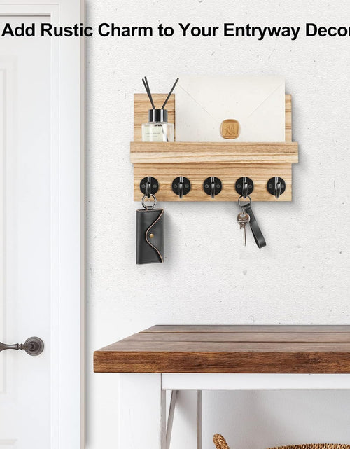 Load image into Gallery viewer, Key Holder for Wall, Decorative Key and Mail Holder with Shelf Has Large Key Hooks for Bags, Coats – Paulownia Wood Key Hanger (Burnt wood)
