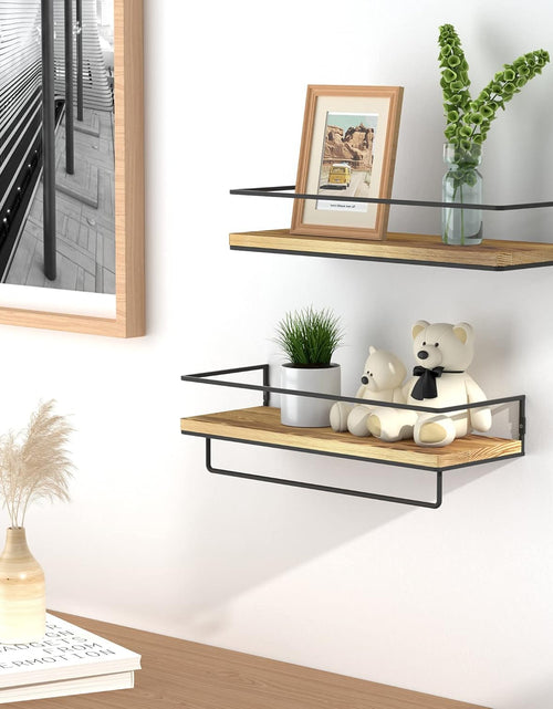 Load image into Gallery viewer, Floating Shelves for Wall Set of 2, Wall Mounted Storage Shelves with Metal Frame and Towel Rack (Wood)
