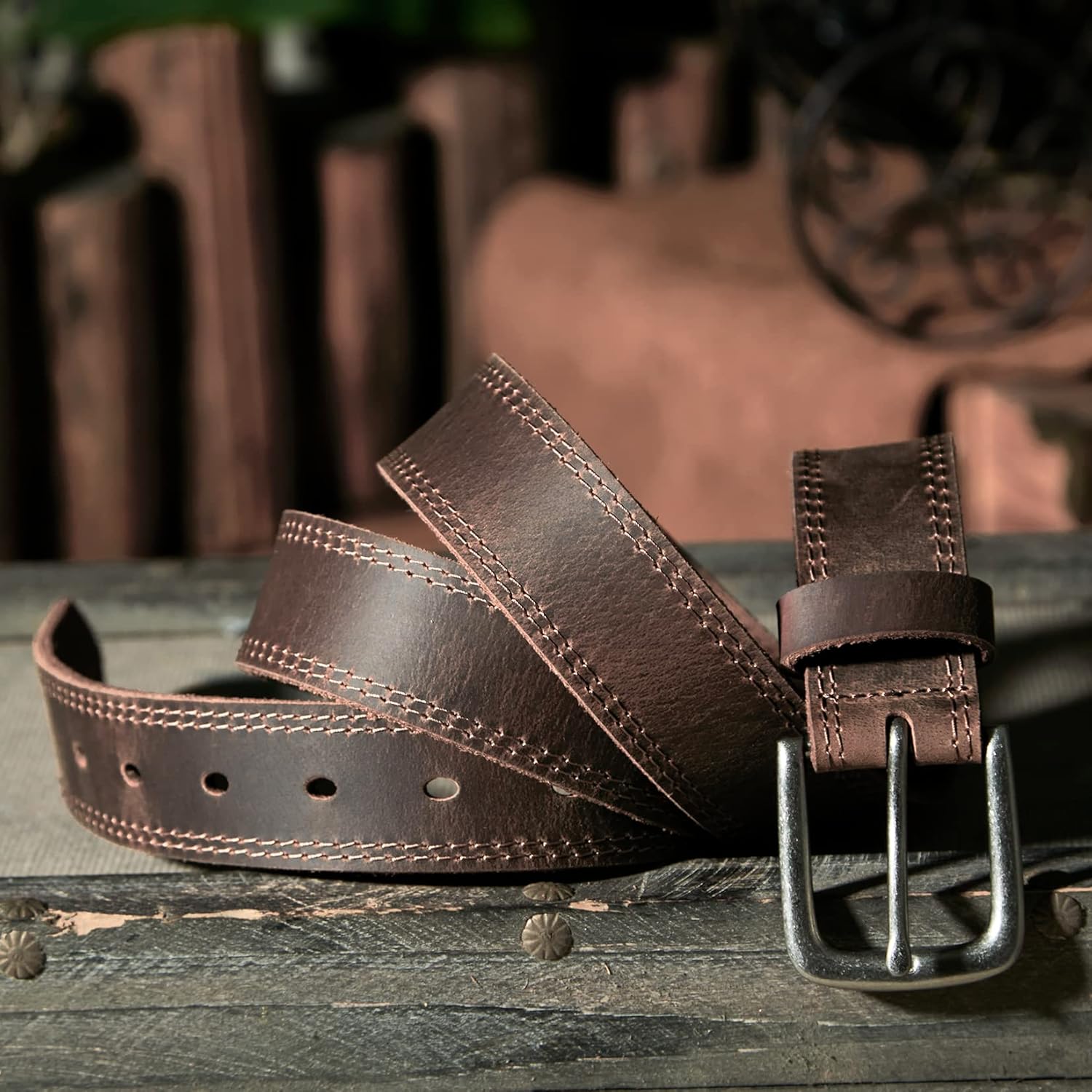 Men's Genuine Leather Casual Every Day Jeans Belts, Handmade with Gift Box, Bourbon Brown (Double Stitch) (36,waist 34)