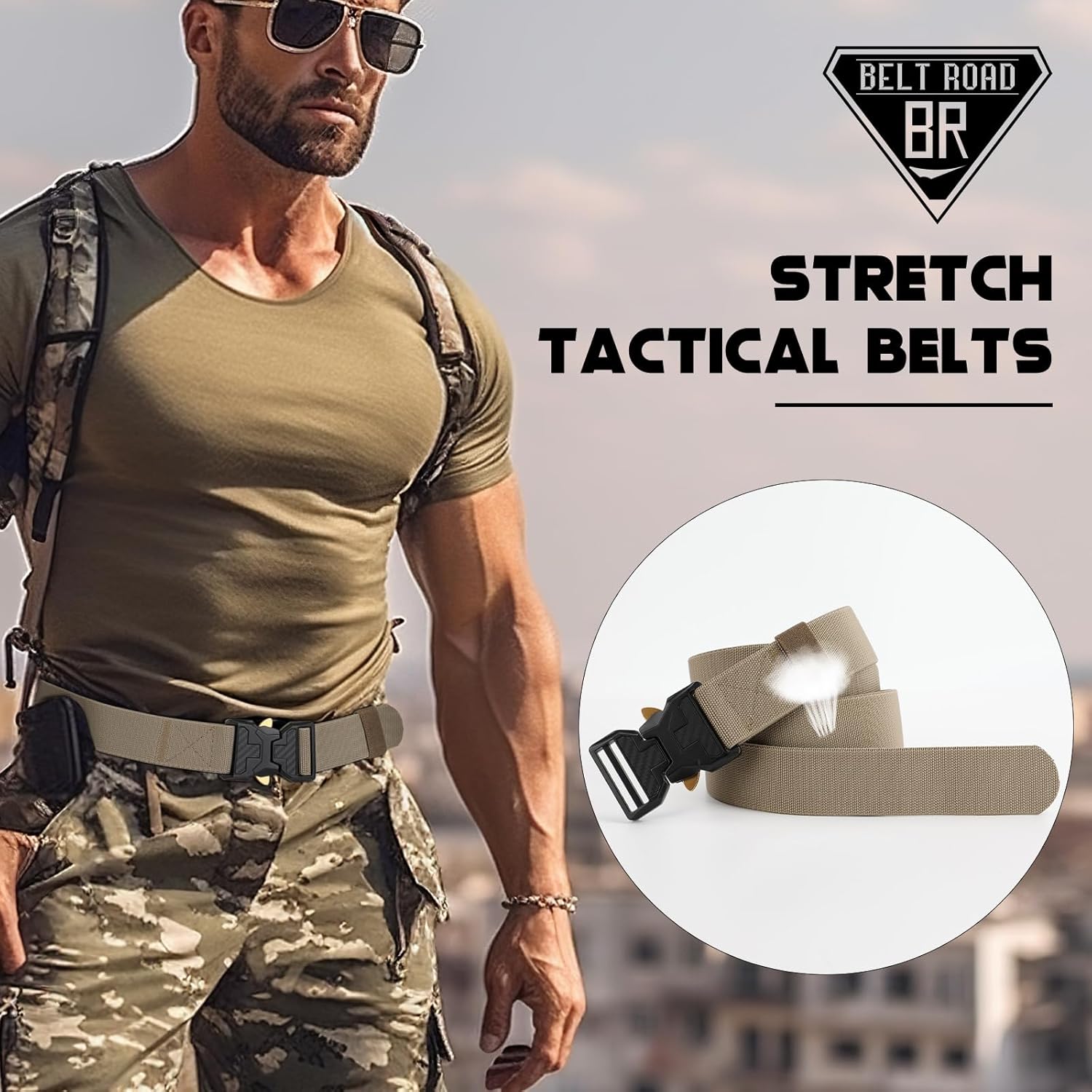 Men's Tactical Belt Nylon Web Work Belts with Heavy Duty Quick Release Buckle, Khaki, Large