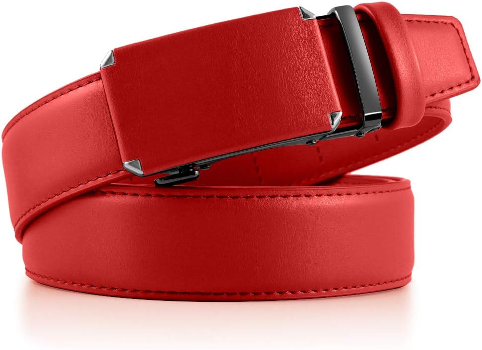 Ratchet Belt Dress Adjustable 1 3/8" Genuine Leather Designer Belt, Size Length Can be Cut, with Gift Box, Red (36 to 42 inches)