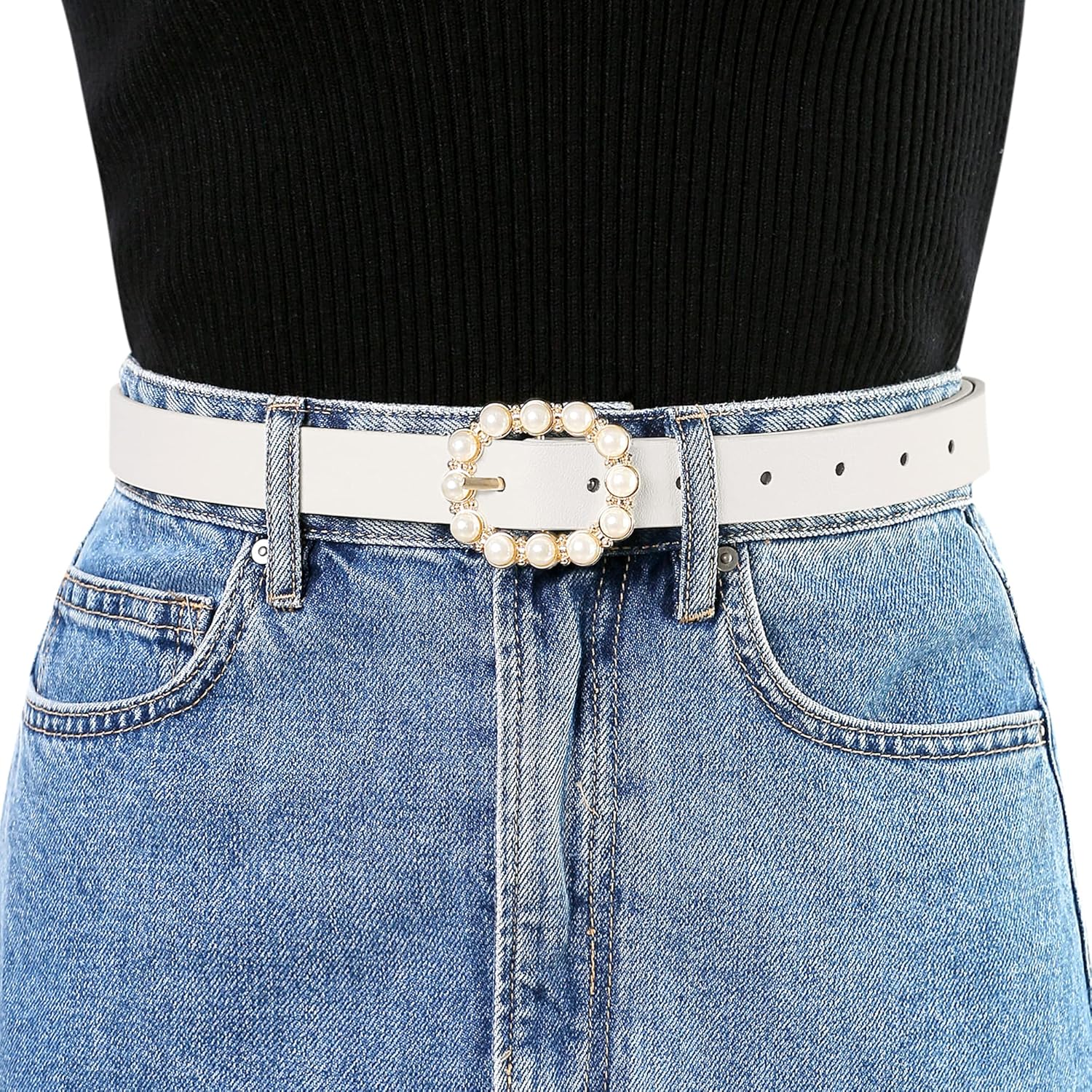 Pearl Waistband Skinny Leather Adjustable Pin Buckle Belt for Jeans Dresses Pants, White