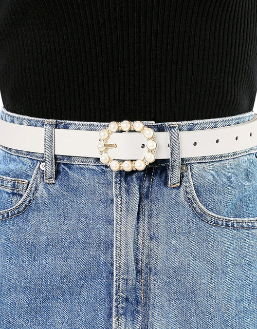 Load image into Gallery viewer, Pearl Waistband Skinny Leather Adjustable Pin Buckle Belt for Jeans Dresses Pants, White
