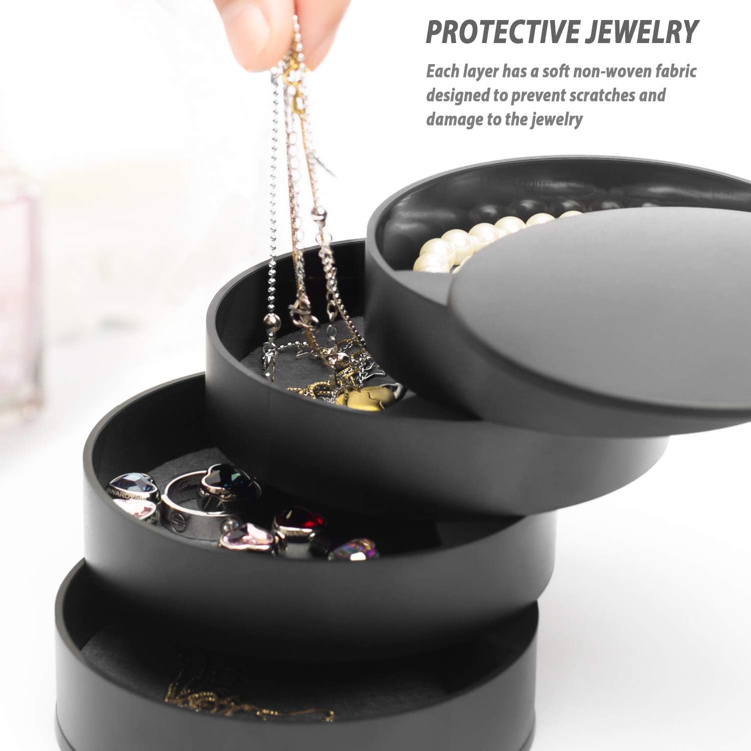 Jewelry Storage Box 4-Layer Rotatable Jewelry Accessory Storage Tray with Lid for Rings Bracelets