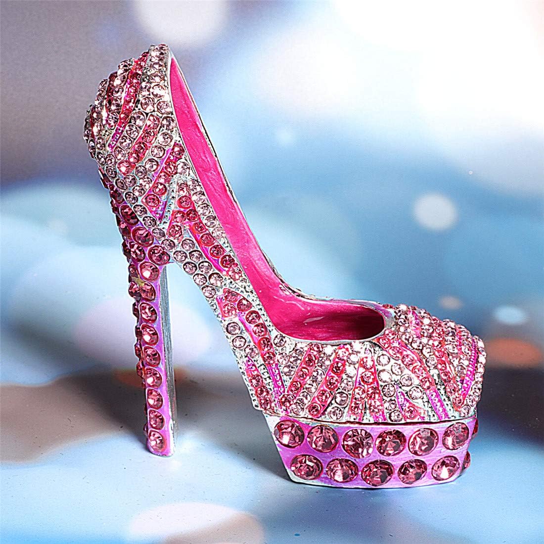 Pink diamond leopard high heels Trinket Box Hinged Hand-painted Figurine Collectible Ring Holder