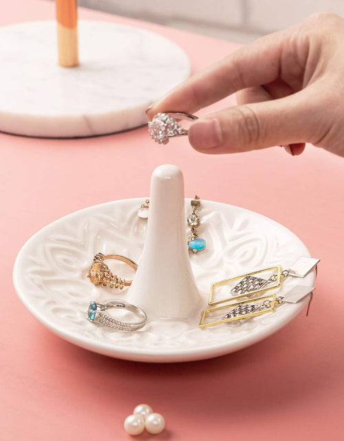 Load image into Gallery viewer, Decorative White Ceramic Ring Tray for Jewelry, Ring Cone and Trinket Tray with Raised Heart Design
