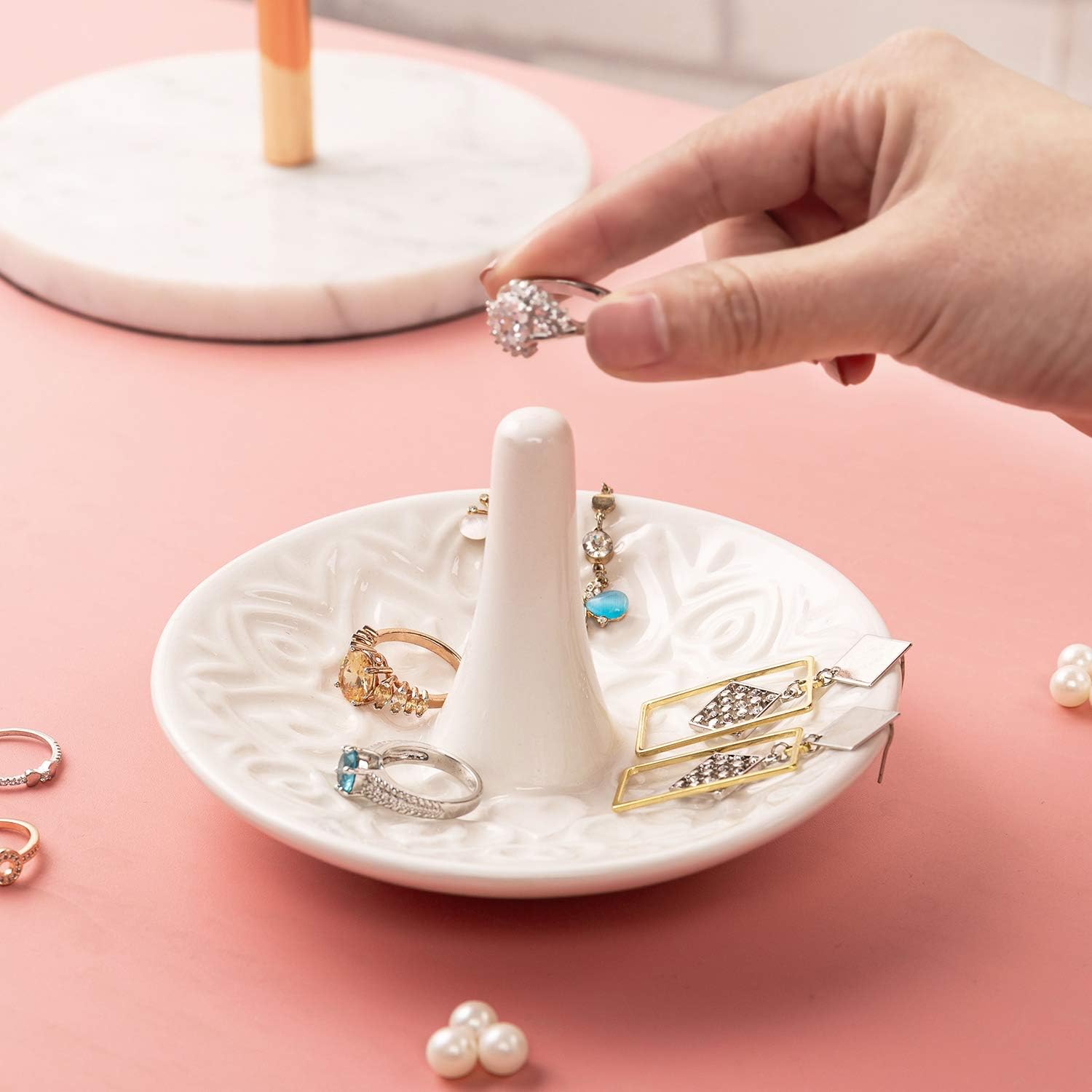 Decorative White Ceramic Ring Tray for Jewelry, Ring Cone and Trinket Tray with Raised Heart Design