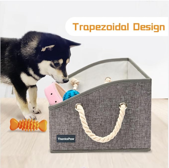 Collapsible Fabric Dog Toy Box and Storage Bin With Handle, Light Grey