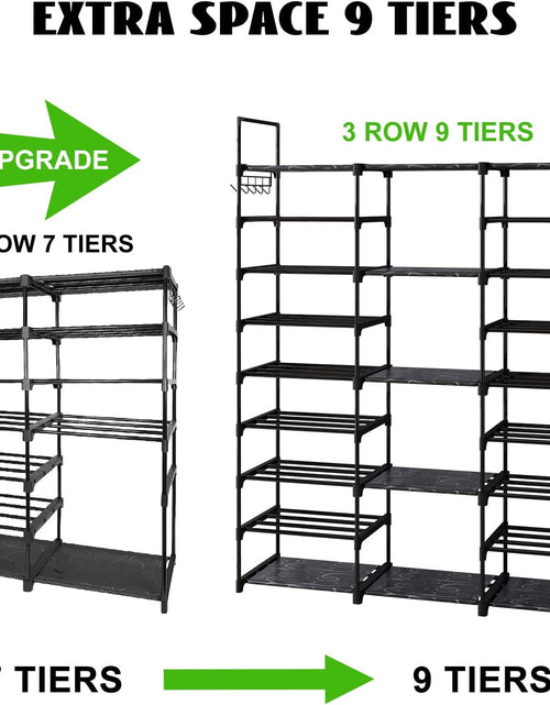 Load image into Gallery viewer, 9 Tiers Shoe Rack Organizer, Black, 50-55 Pairs, Stackable Metal Shelf with Hooks for Entryway
