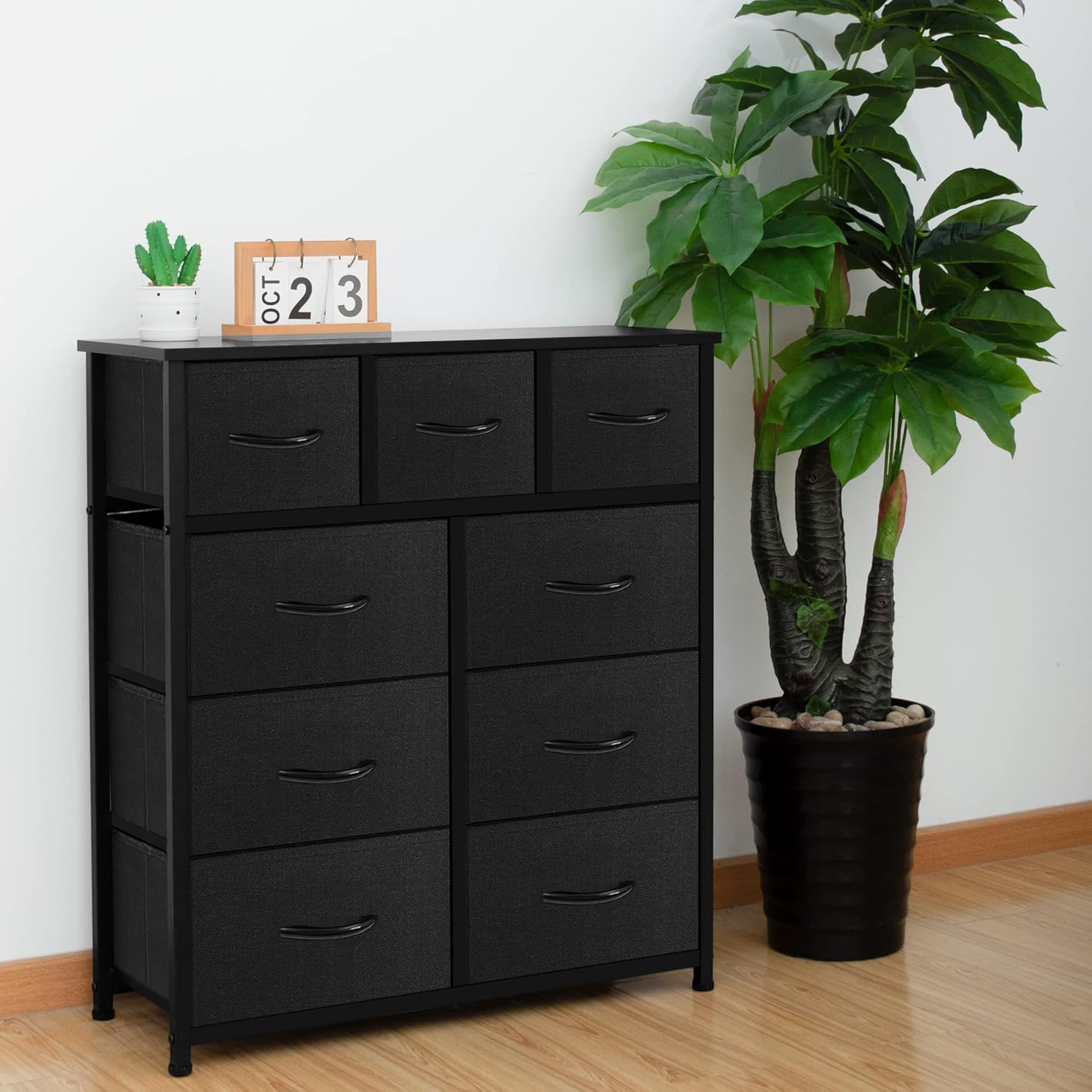 9 Drawer Dresser - Fabric Storage Tower, Organizer Unit for Bedroom, Wooden Top & Easy Pull Fabric Bins, Black