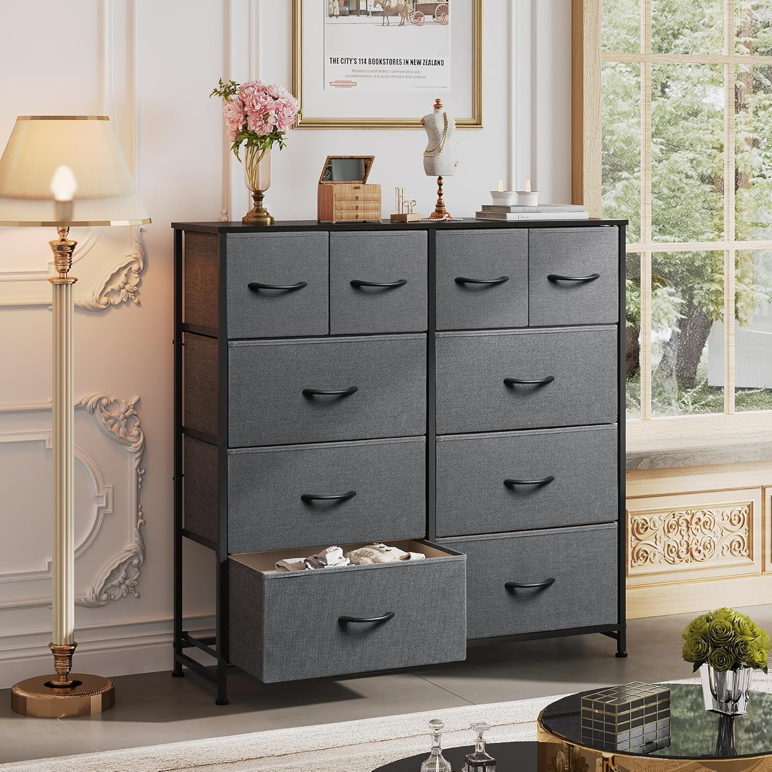 Dresser with 10 Drawers, Storage Tower with Fabric Bins, Double Dresser,  Dark Grey