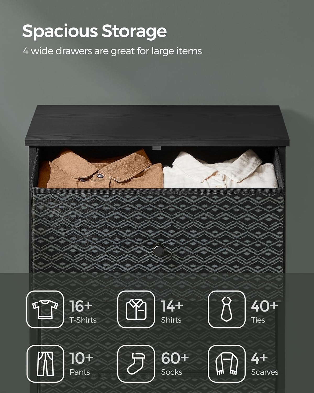 Closet Organizer and Storage Unit with 4 Fabric Drawers, Metal Frame, Ebony Black and Ink Black