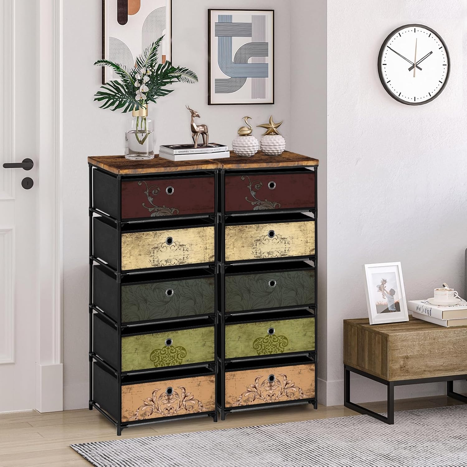 Nightstand with 5 Drawers, Clothes Storage Organizer, Pattern