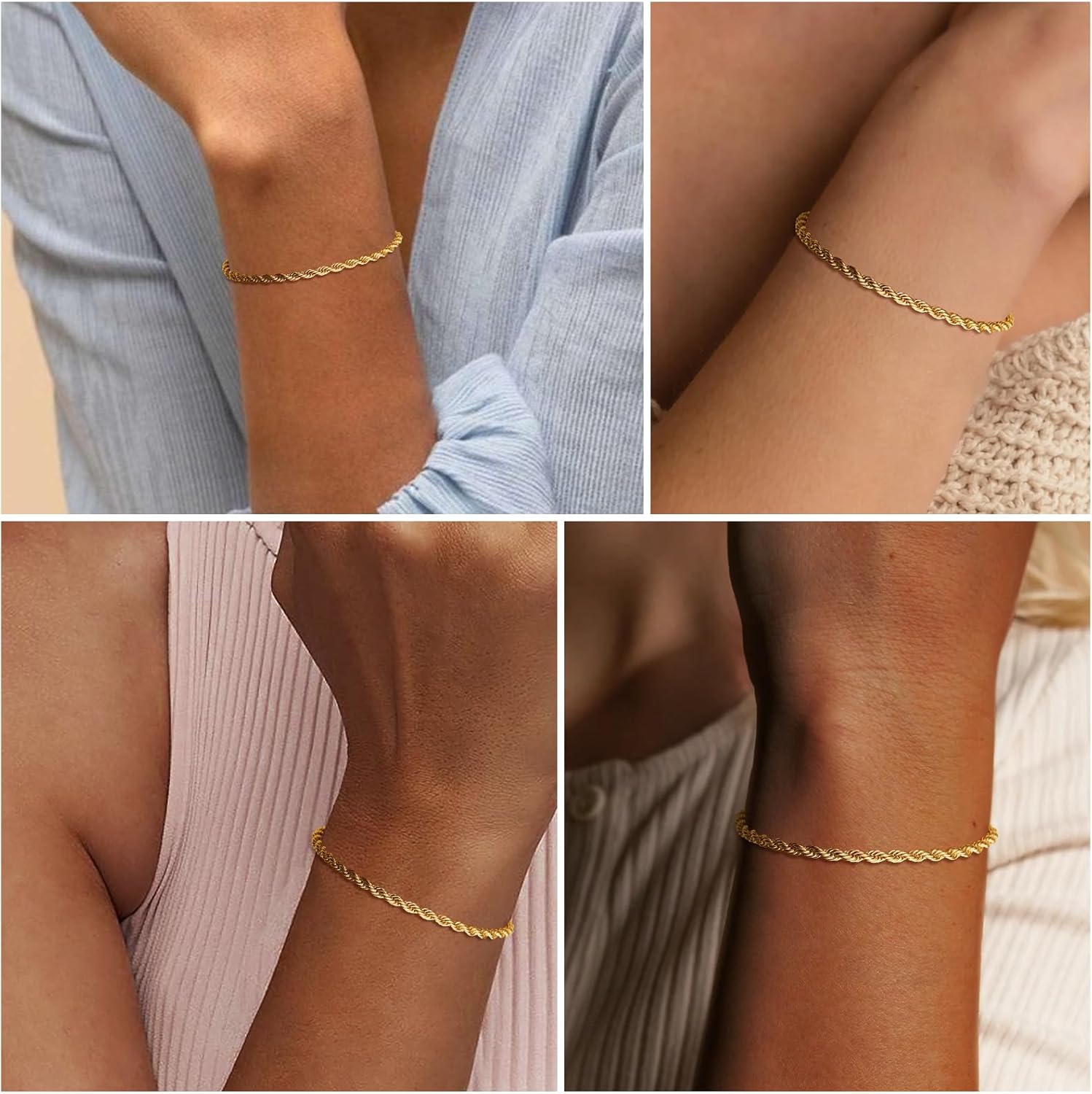 Dainty 14k Gold Plated Bracelet Set Adjustable Simple Love Layered Waterproof Jewelry, Rope