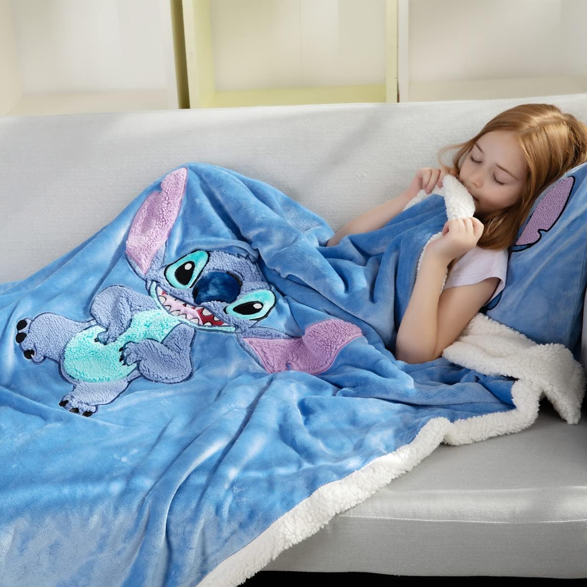 Kids Throw Blanket, 3D Cartoon Embroidery Sherpa Blanket Boys Girls Gifts, Blue