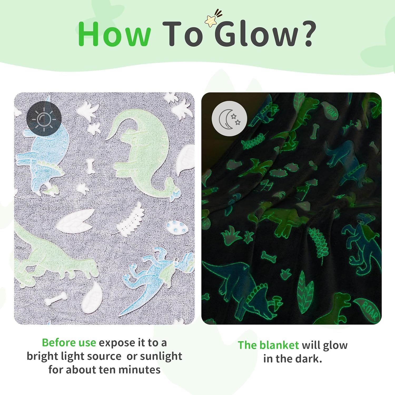 Glow in The Dark Dinosaur Blanket, Cute Blanket for Kids Toddlers Girls Boys, Grey Dinosaur