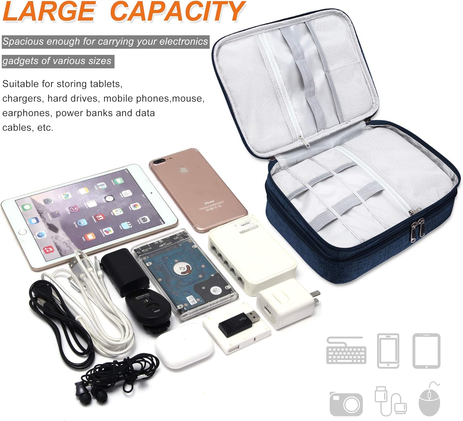 Electronic Bag Travel Cable Accessories Waterproof Double Layer, Navy Blue