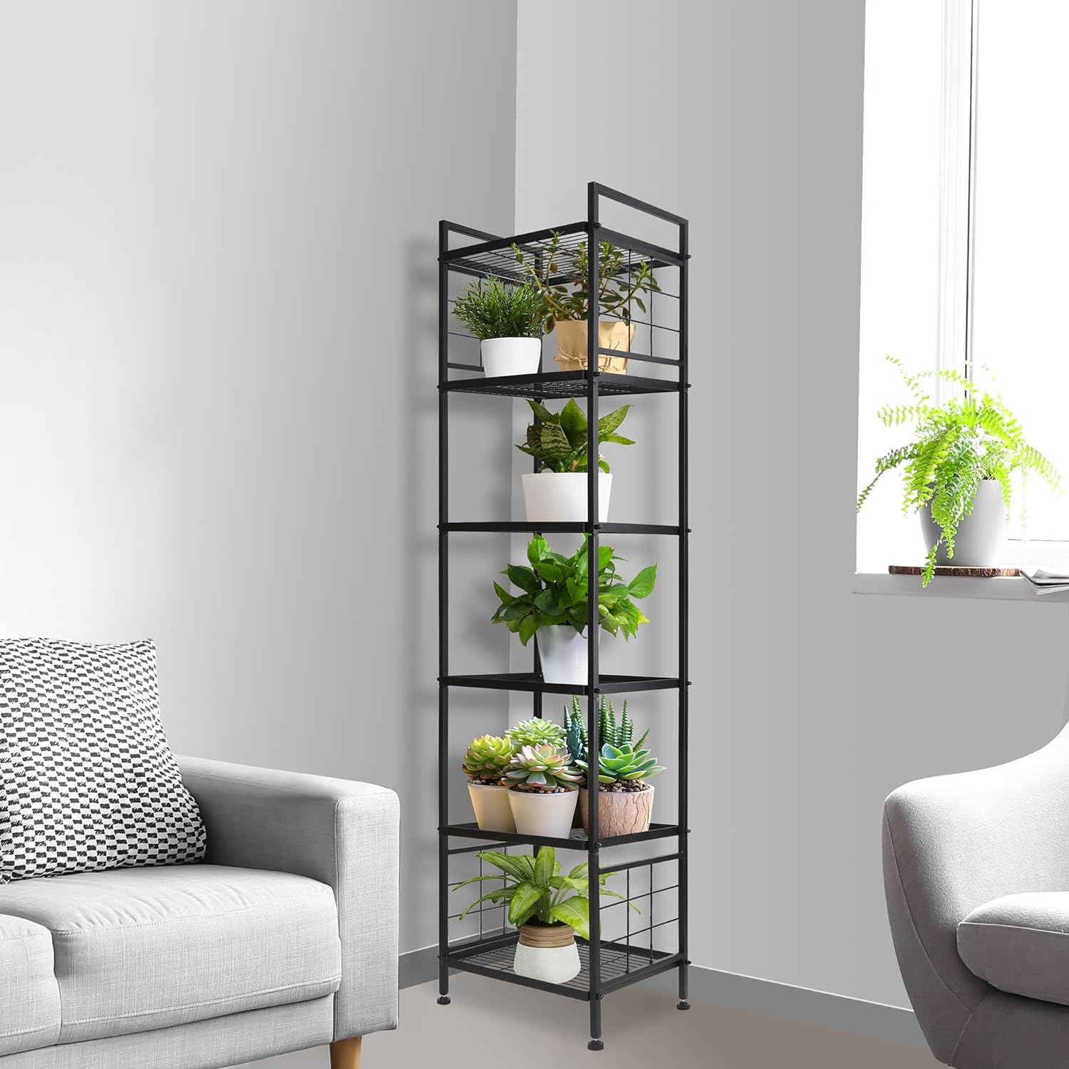 6-Wire Standing Storage Shelf, Metal Shelving Unit Pantry Rack for Laundry Kitchen Bathroom Organizer (Black)
